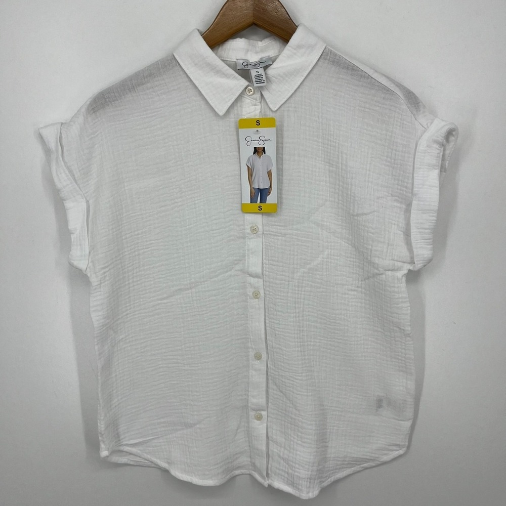 Jessica Simpson Short Sleeve Button Shirt Women's S White Short Sleeve Solid New